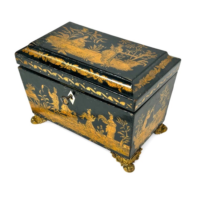 19th Century England Regency Chinoiserie Black Lacquer Tea Caddy For Sale - Image 12 of 12