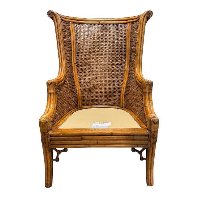 Pair of Double-Caned Rattan Wing Chairs With Leopard Upholstery For Sale - Image 9 of 11