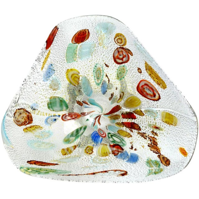 Glass Murano Vintage Multi Color Silver Flecks Millefiori Cut Canes Italian Art Glass Mid Century Flared Bowl For Sale - Image 7 of 7