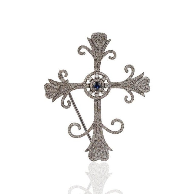 Artisan Crafted Fleur De Lis Cross Brooch Pendant in 925 Sterling Silver For Sale - Image 11 of 13