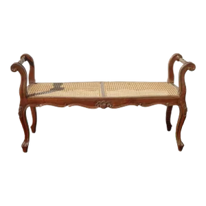 Italian Vintage French Country Brown Cane Bench With Rolled Arms