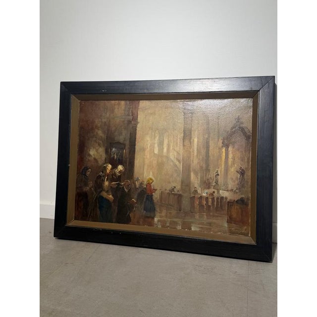 Antique Church Interior, Oil on Canvas, Signed For Sale - Image 8 of 8