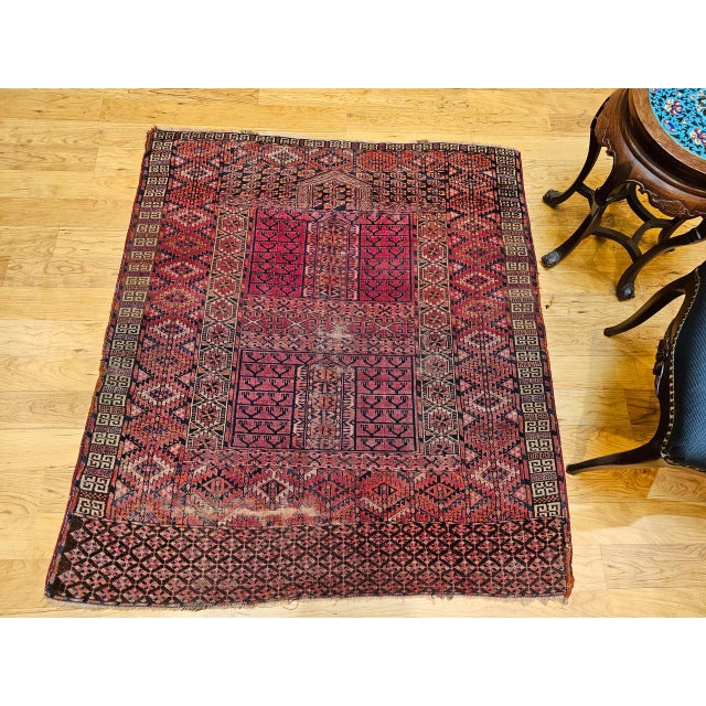 Near Square Size Vintage Turkmen Tekke Ensi in Prayer Pattern in Red, Navy, Ivory, Blue For Sale In Chicago - Image 6 of 16