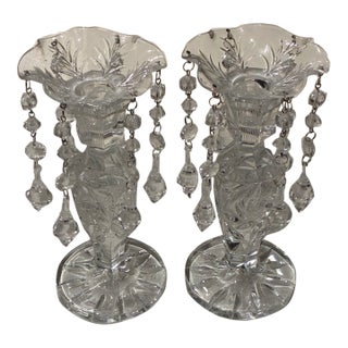 Pair of Antique 1920s Early American Pressed Glass, Mantel Luster Candlestick Holders For Sale
