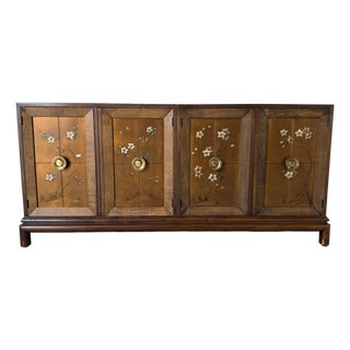 Vintage Renzo Rutili-Style Asian Inspired Walnut Sideboard With Hand-Painted Floral Doors For Sale