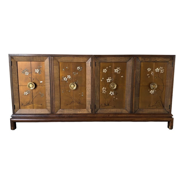 Vintage Renzo Rutili-Style Asian Inspired Walnut Sideboard With Hand-Painted Floral Doors For Sale