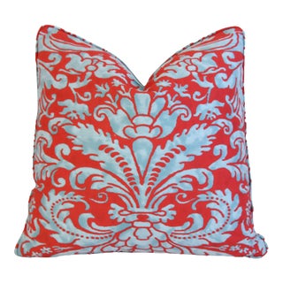 Italian Mariano Fortuny Caravaggio Red & Blue Feather/Down Pillow 16" Square For Sale