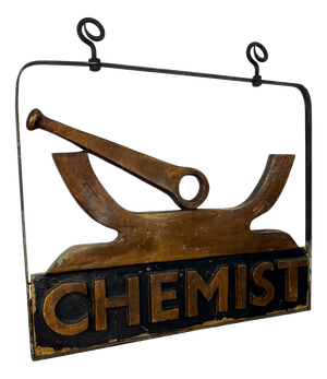 Vintage Chemist Shop Sign Apothecary Hanging Sign with Mortar and Pestle, 1950s
