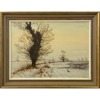 Pheasants in Snow with Winter Trees in the English Countryside by British Artist 1985 Circa For Sale
