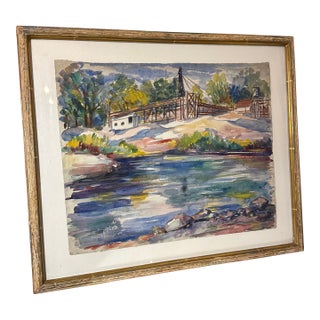1959 Original Watercolor Landscape Painting River Bridge Vintage Framed Art For Sale