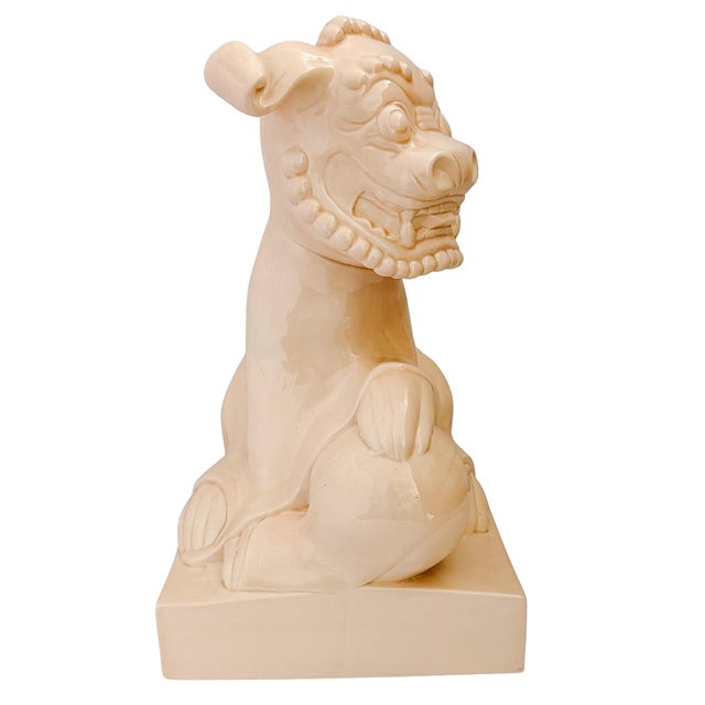 Large Scale Vintage Monochrome Blush Pink Glazed Ceramic Foo Dogs - A Pair For Sale - Image 12 of 17