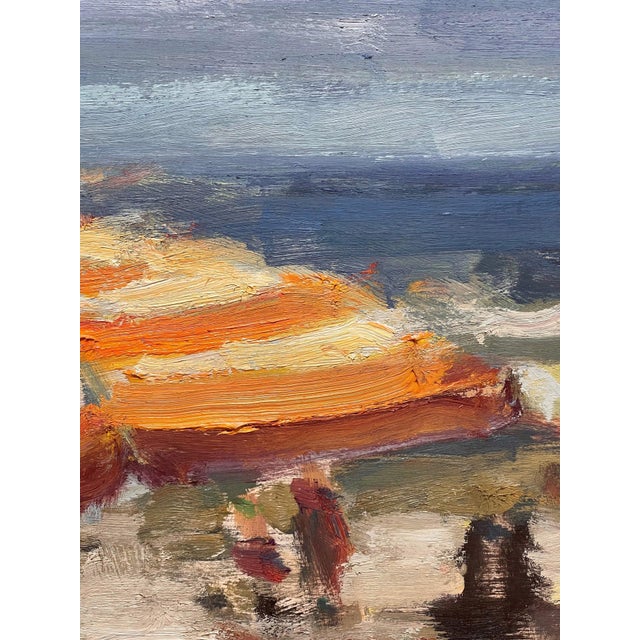 Beaches 10 by Jim Beckner | Oil on canvas Beach scene with orange umbrellas and ocean view. For Sale - Image 4 of 4
