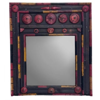 Vintage Tribal Folk Art Painted Wood Wall Mirror in Black, Red & Yellow For Sale