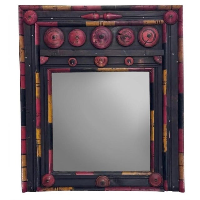 Vintage Tribal Folk Art Painted Wood Wall Mirror in Black, Red & Yellow For Sale