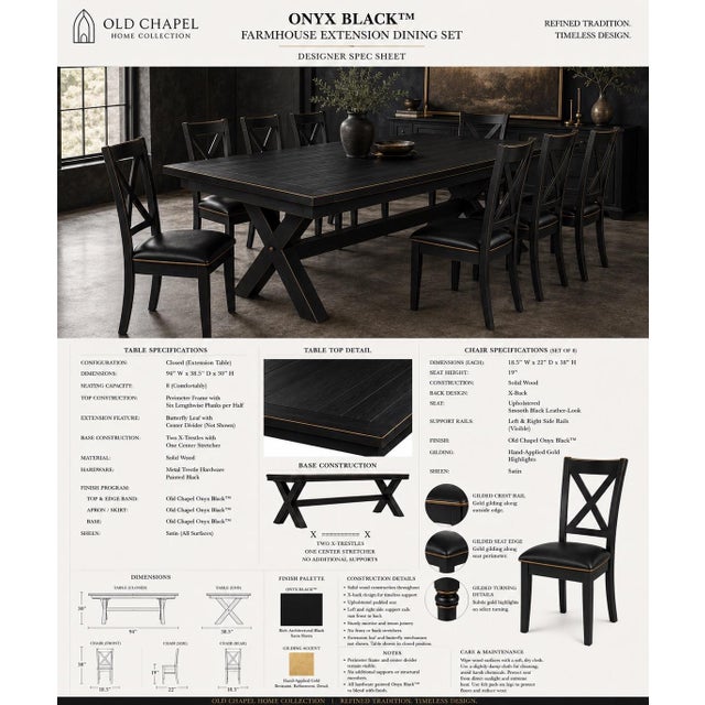 A dramatic architectural dining collection featuring a 94-inch extension trestle table and eight matching X-back dining...