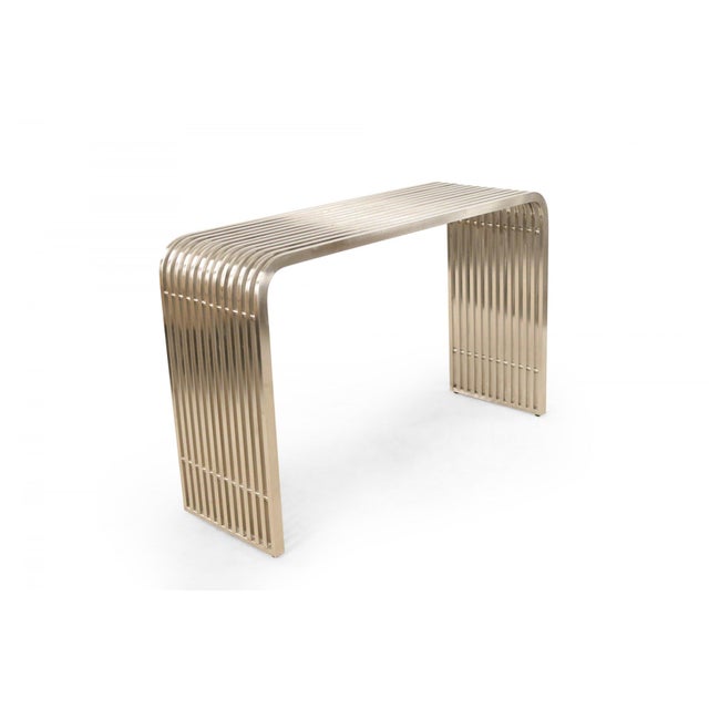 Contemporary Silver Metal Curved Metal Slat Console Tables A Pair