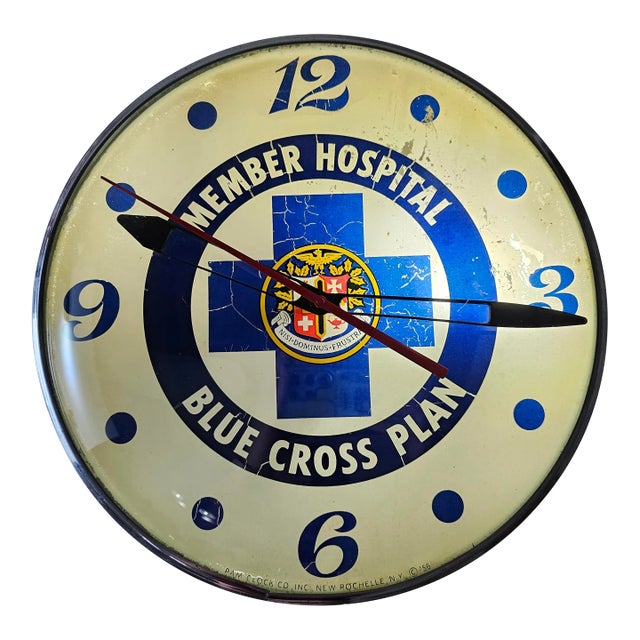 Vintage Member Hospital Blue Cross Plan Clock Bubble Glass Pam Advertising For Sale