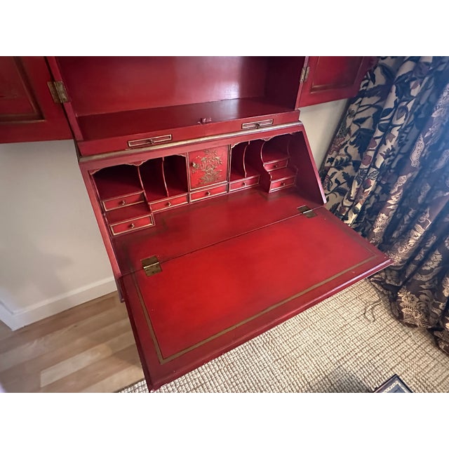 Vintage Red Chinoiserie Secretary Desk With Hand-Painted Gilt Asian Landscapes & Double Bonnet Top For Sale - Image 15 of 15