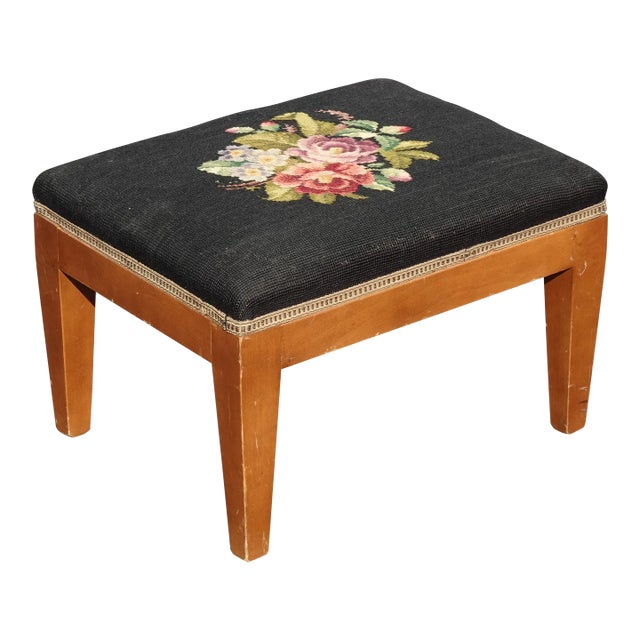 Vintage French Country Black Floral Tapesty Needlepoint Footstool Stool For Sale