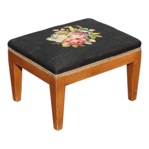 Vintage French Country Black Floral Tapesty Needlepoint Footstool Stool