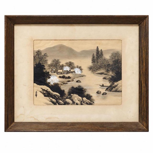 Gyokuka/Yuhua - Oriental Landscape with River, Fisherman, and Village - Painting on Fabric - 20th Century. Painting on...