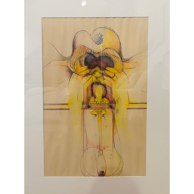 Gold Large Signed 1970 Surrealist Mixed Media Drawing on Paper, Framed Modern Figurative Artwork For Sale - Image 8 of 9