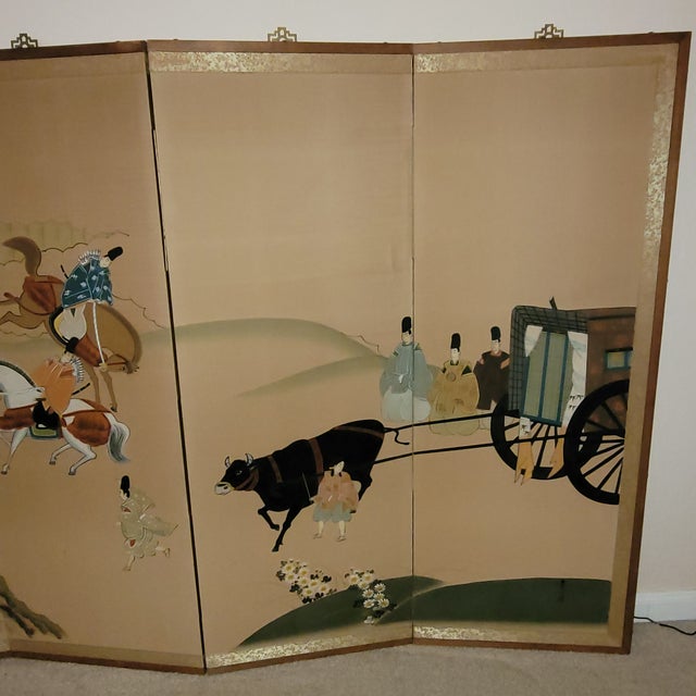 Mid-20th Century Japanese 4-Panel Silk Brocade Byōbu Screen - "Tale of Genji" Scene For Sale - Image 4 of 12