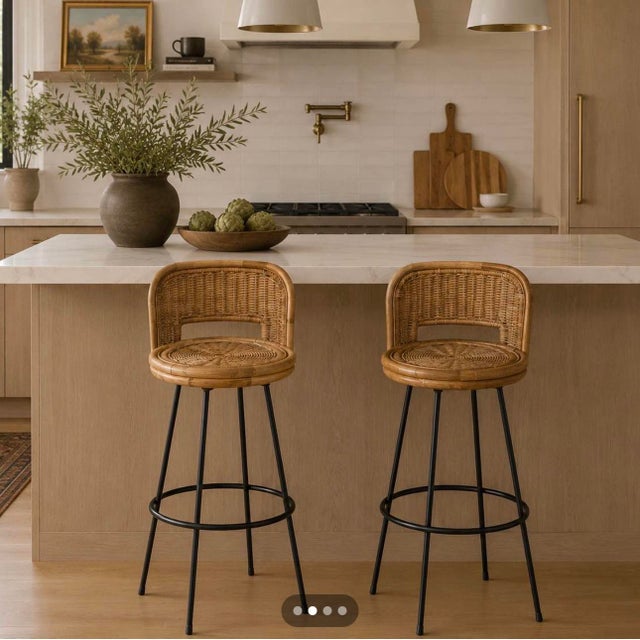4 1960s Wicker/Bamboo/Wrought Iron Swivel Stools For Sale - Image 4 of 8