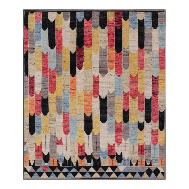 Modern Rug in Art Deco Abstract Design With Multi Colors and Black Border 7'11 X 9'3 For Sale