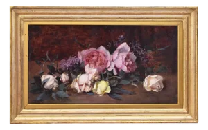 Gallian, Still Life with Pink and White Roses, 1887, Oil on Canvas, Framed