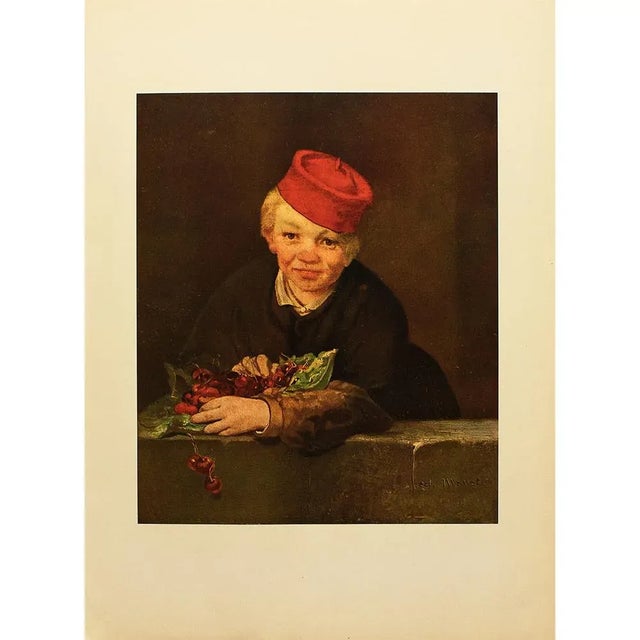 A beautiful full-color print of oil painting "Boy With Cherries" by Edouard Manet. Comes from a First Edition art folio...
