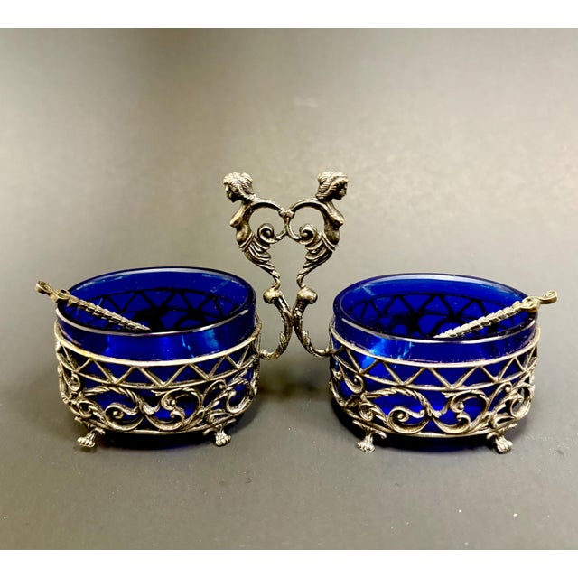 Gorgeous French Antique Silver & Cobalt Blue Glass Double Master Open Salt Cellar Service Stand & Serving Spoons. A...