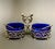 Gorgeous French Antique Silver & Cobalt Blue Glass Double Master Open Salt Cellar Service Stand & Serving Spoons. A...