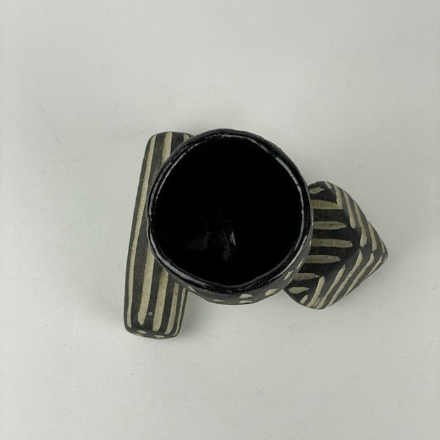 Ceramic 1990s Unusual Oval Shaped Pottery Vase With Geometric Forms in B/W Dots & Stripes Pattern For Sale - Image 7 of 9