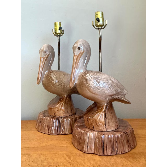 Tan Vintage Glazed Ceramic Pelican Lamps - A Pair For Sale - Image 8 of 12