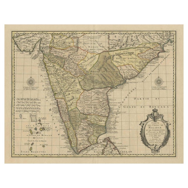 Antique map titled 'Carte des Côtes de Malabar et de Coromandel'. Finely engraved map of the southern part of India, first...