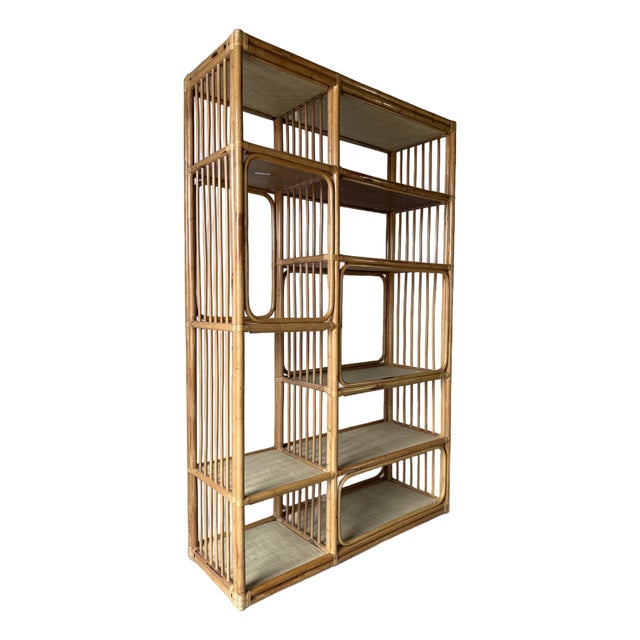Large- Vintage Coastal Rattan Bookcase Étagère With Cane Shelves For Sale