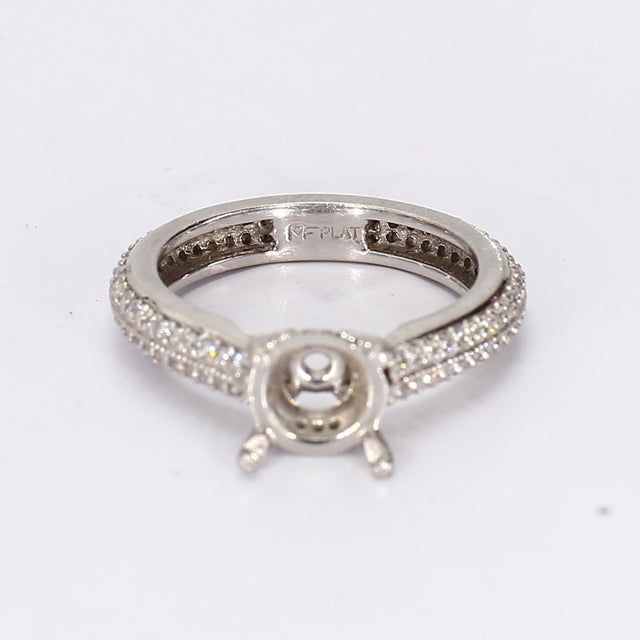 Contemporary Platinum Pavé Diamond Eternity Engagement Ring Mounting for ~1ct Round - Size 5 For Sale - Image 3 of 5