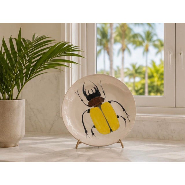 Vintage Hand-Painted Ceramic Hercules Beetle Decorative Plate For Sale - Image 9 of 12