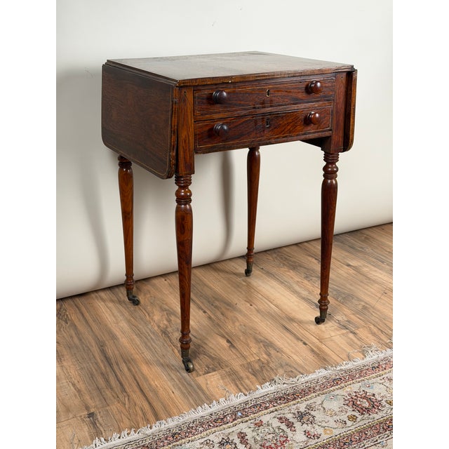 Early 19th Century English Regency Rosewood Two-Drawer Drop-Leaf Work Table With Brass and Satinwood Inlay, Circa 1820–1840 For Sale - Image 5 of 11