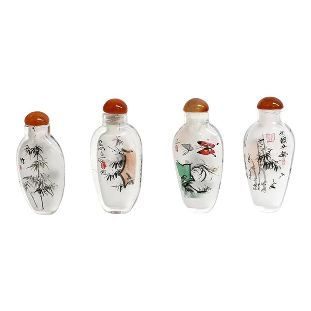 Painted Inside Bamboo Iris Snuff Bottles- Set of 4 For Sale