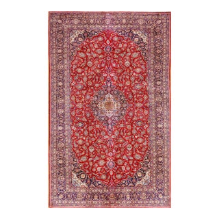 1930s Red Medallion Antique Persian Kashan Rug 10' 6" X 17' 0" Handknotted Wool Carpet For Sale