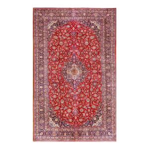 1930s Red Medallion Antique Persian Kashan Rug 10' 6" X 17' 0" Handknotted Wool Carpet