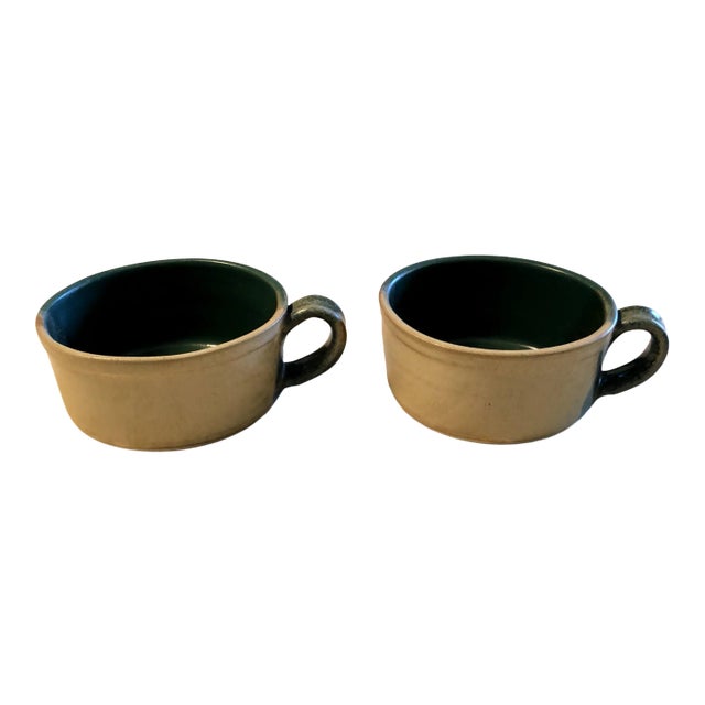 2000s Handmade Pottery Soup Bowl With Handle- Set of 2 For Sale