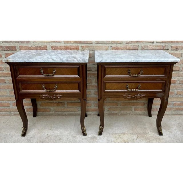 Mid-Century Walnut Nightstands with Drawers and Marble Tops, 1950s, Set of 2 For Sale - Image 4 of 13