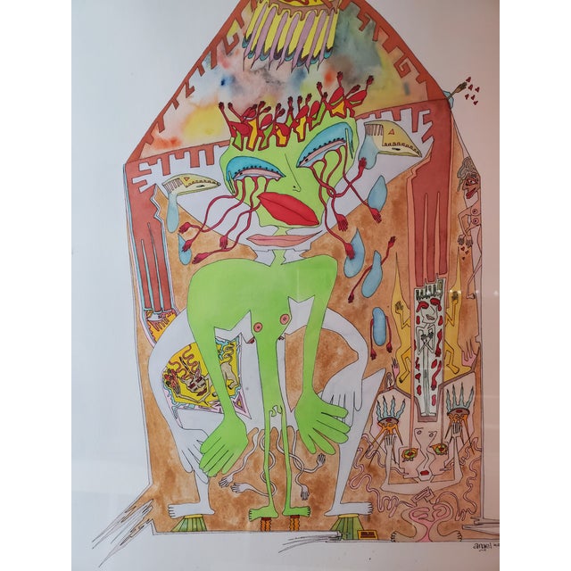 American 1990s Surreal Sweethearts Watercolor by Outsider Artist Signed Angel For Sale - Image 3 of 5