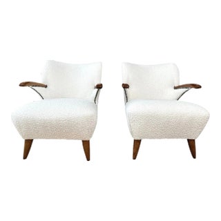 1930s Vintage Mid-Century Beech Wood Boucle Wool Fabric Lounge Chairs, France- a Pair For Sale
