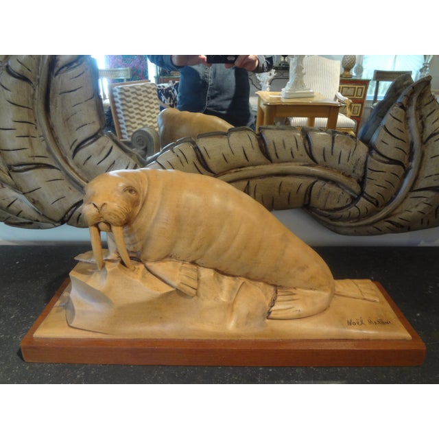 French Art Deco Carved wood Walrus sculpture, Signed Martini. This realistic and unusual French Art Deco carved fruitwood...
