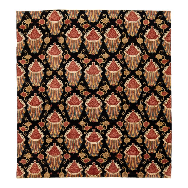 Contemporary Hand-Knotted Wool Ikat Area Rug With Venetian Shell Motifs in Rust For Sale
