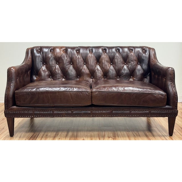 Traditional Vintage Tufted Leather Settee With Nailhead Trim For Sale - Image 3 of 16